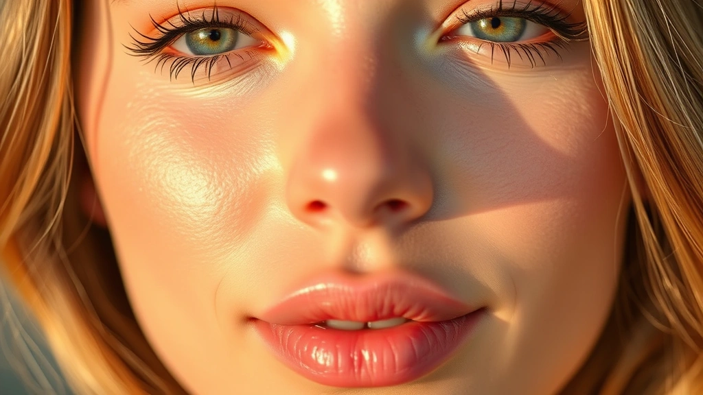 Close-up beauty shot of glowing skin with natural radiance, soft golden hour lighting, fresh dewey complexion demonstrating healthy skincare results, peachy undertones and luminous finish