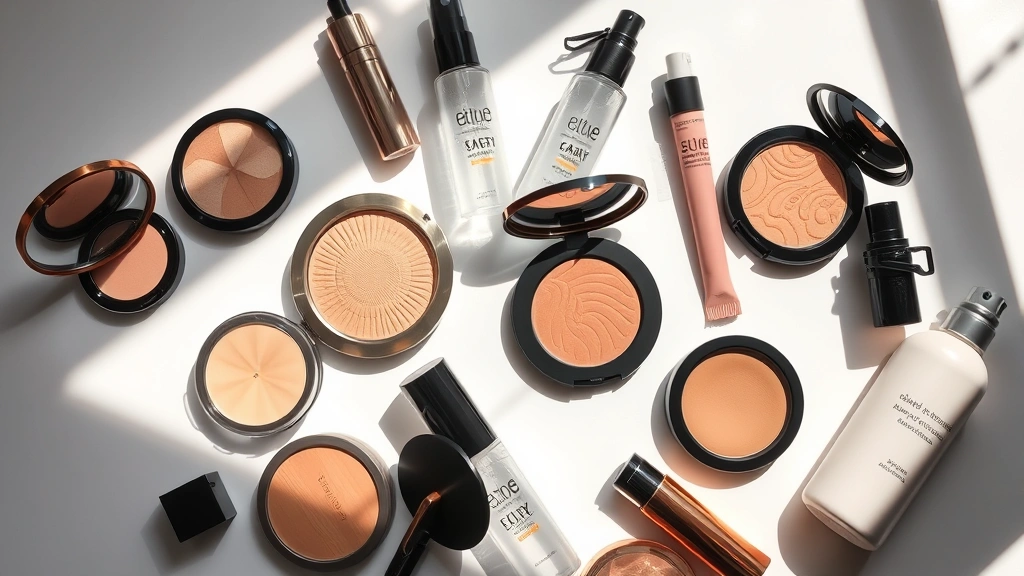 Flat lay composition of premium cosmetic items arranged artfully, including highlighters, bronzers, and setting sprays, natural window lighting creating shadows and dimension, luxurious product presentation