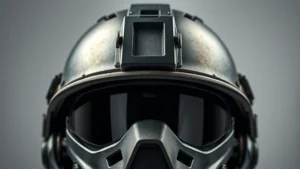 Close-up of a tactical military helmet with metallic sheen, professional studio lighting, photorealistic detail showing texture and surface quality, neutral background, high-resolution beauty shot