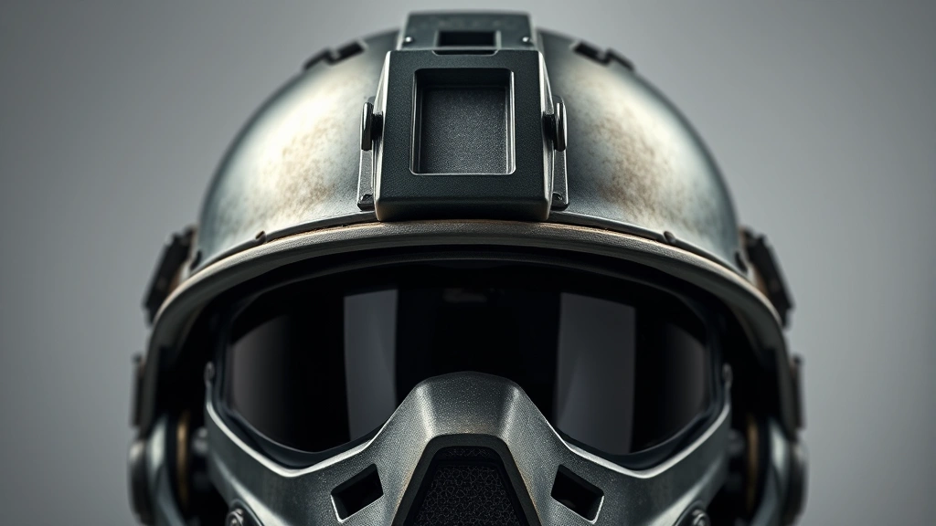 Close-up of a tactical military helmet with metallic sheen, professional studio lighting, photorealistic detail showing texture and surface quality, neutral background, high-resolution beauty shot