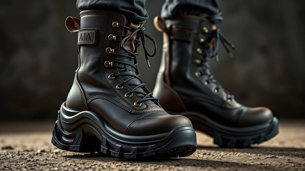 Military-themed boots with heavy-duty sole design, dramatic side lighting highlighting metallic accents and craftsmanship, photorealistic texture detail, professional product photography style