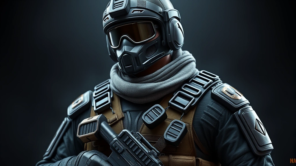 Soldier character figure wearing multiple cosmetic pieces, military aesthetic, dramatic lighting emphasizing cosmetic details and color coordination, photorealistic quality, professional gaming character showcase