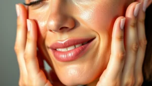 Close-up of a woman's glowing, hydrated complexion with visible skin texture and natural radiance, hands gently touching face, soft natural lighting, fresh and healthy appearance