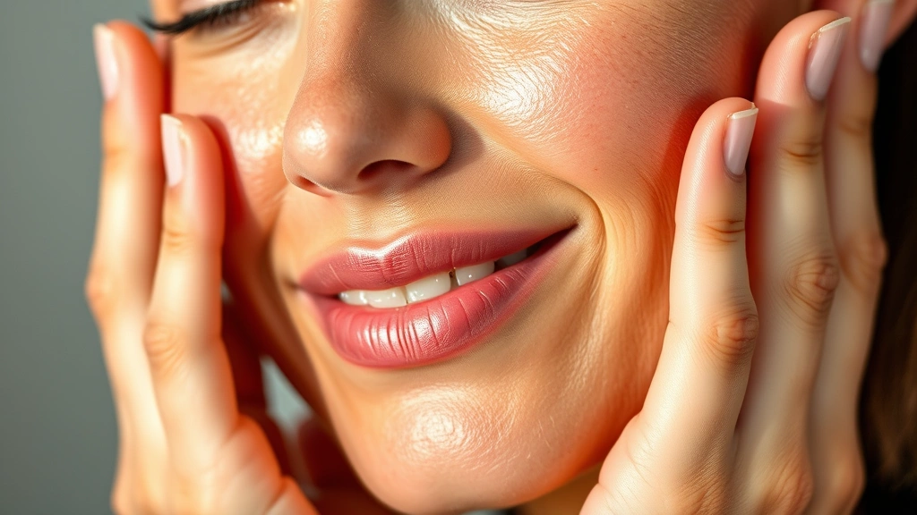 Close-up of a woman's glowing, hydrated complexion with visible skin texture and natural radiance, hands gently touching face, soft natural lighting, fresh and healthy appearance