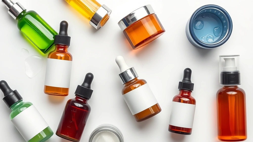 Flat lay arrangement of serums, moisturizers, and cleansers in glass bottles and jars with dewy droplets, minimalist aesthetic, professional beauty product photography with white background