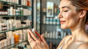 Woman with glowing, hydrated skin examining cosmetic product bottles in modern beauty store with organized skincare shelves, natural lighting highlighting product textures and formulations