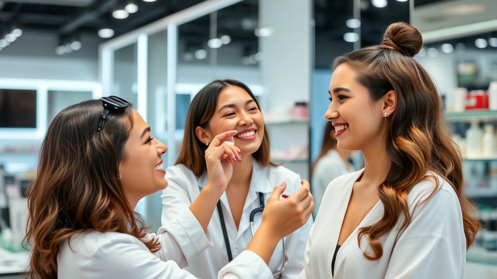 Diverse beauty consultant applying skincare product to female customer's face during professional in-store consultation, both smiling, modern retail setting with mirrors and professional lighting