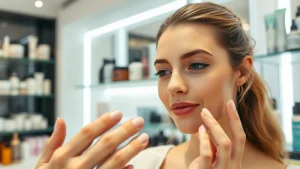 Close-up of a woman with glowing, hydrated skin examining skincare product ingredients in a bright, modern cosmetics store with organized shelves of professional beauty products in the background