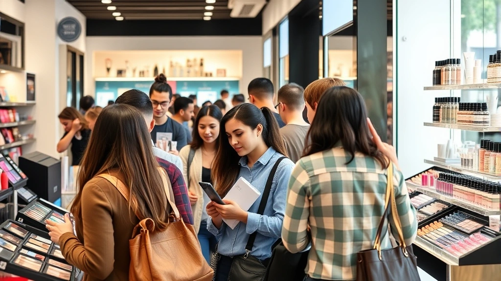 Diverse group of customers browsing cosmetics displays at an outlet store, examining makeup palettes and skincare bottles on shelves, natural lighting from storefront windows, authentic retail environment