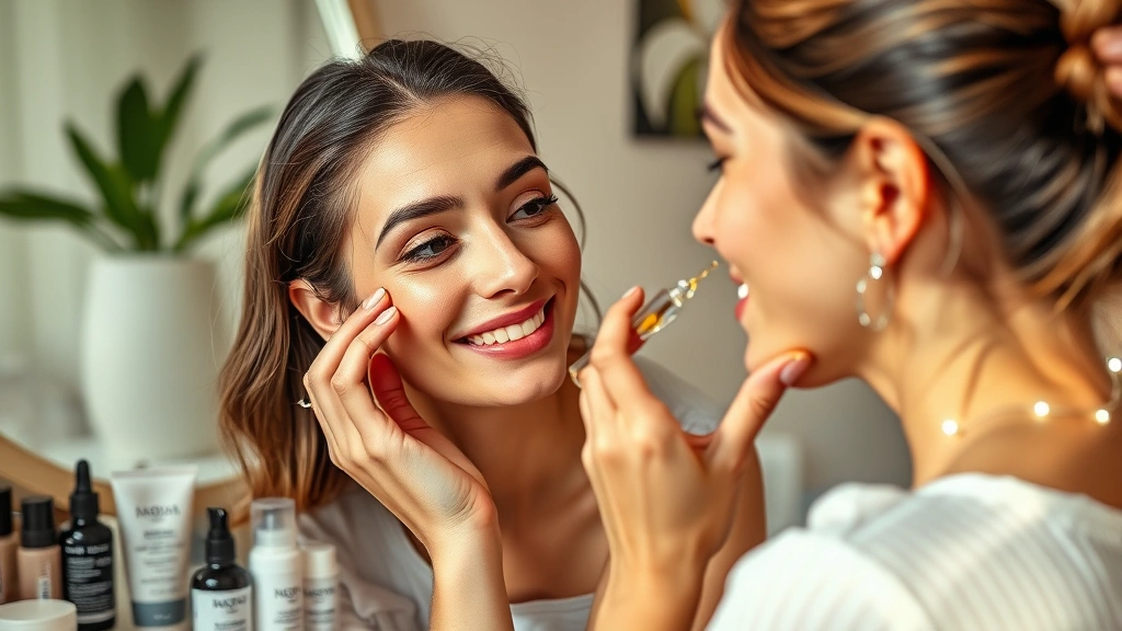 Woman applying premium skincare serum to her face at home, showing satisfied expression, surrounded by organized beauty products on vanity, warm natural lighting highlighting skin texture and glow