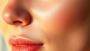 Close-up of glowing, radiant complexion with smooth skin texture, warm lighting highlighting refined pores and luminous skin surface, professional skincare photography style, no visible products or text