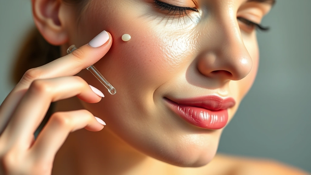 Woman applying lightweight serum to cheek with fingertip, dewy skin with healthy glow, soft natural lighting, focus on skincare application technique and skin luminosity, professional beauty photography