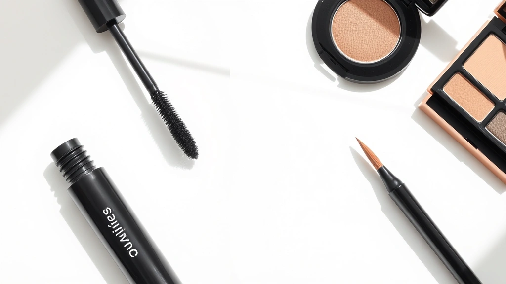 Professional makeup application flatlay featuring Thrive mascara wand, liquid eyeliner brush, and eyebrow micro pen arranged on a minimalist white surface with natural soft lighting, no product labels visible