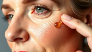Close-up of luminous, dewy skin showing fine lines diminishing, with serum droplets on fingertip about to apply to cheek area, professional dermatology lighting, 50s woman with glowing complexion