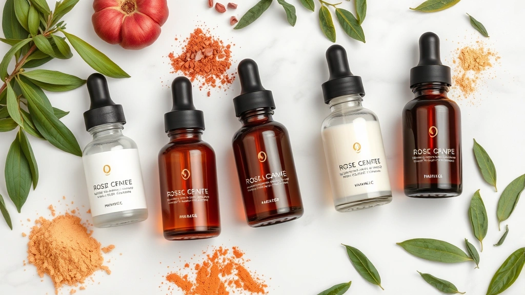 Overhead flat lay of five different serum bottles with various textures and viscosities, amber, clear, and milky formulations, surrounded by fresh botanical ingredients like rosehip, vitamin C powder, and green tea leaves on white marble