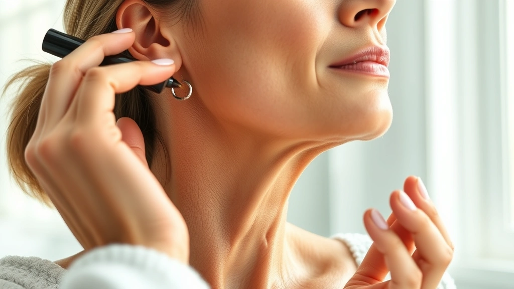 Mature woman applying serum with upward motions on jawline and neck area, morning skincare routine in bright bathroom, visible skin plumpness and radiance, dermatology-grade product application technique demonstration