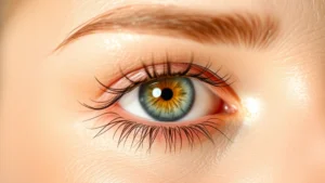 Close-up of luminous eye area with subtle shimmer, natural morning light, well-rested appearance, clear skin texture, professional makeup lighting, no visible product texture