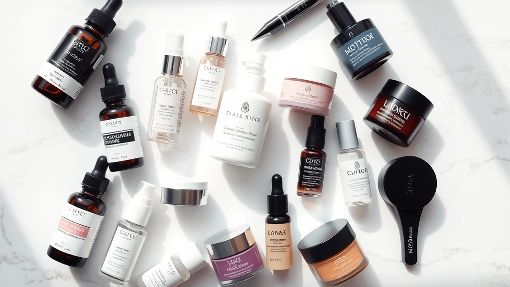 Flat lay of assorted travel size cosmetics bottles and jars arranged on white marble surface with soft natural lighting, featuring serums, moisturizers, and makeup products in miniature packaging, professional beauty photography style