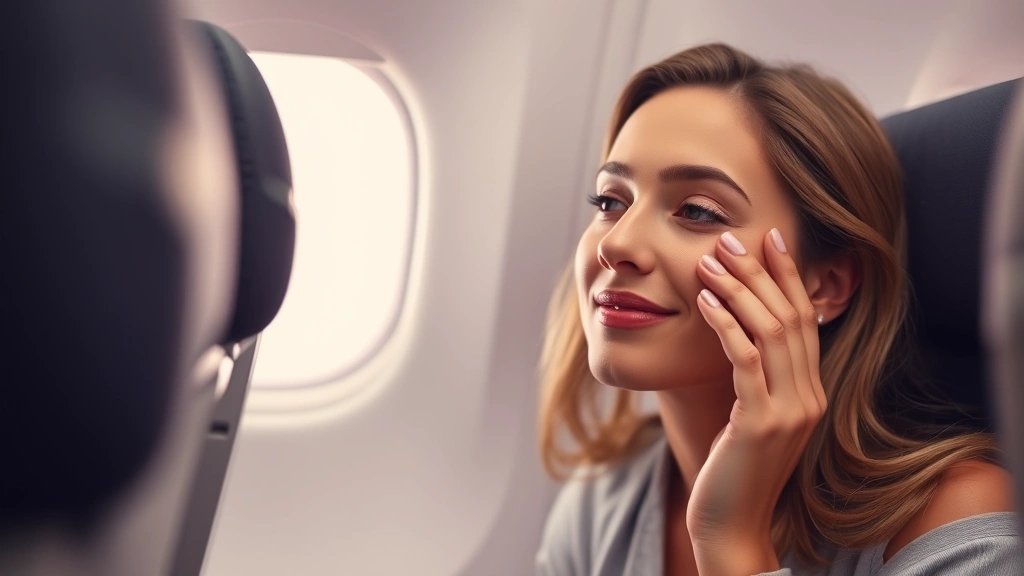 Woman applying travel size moisturizer cream to her face in airplane cabin with soft window light, showing skincare routine during flight, fresh and radiant complexion, realistic travel scenario