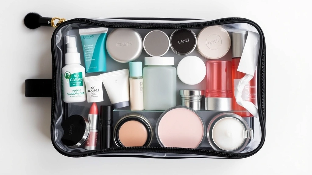 Organized travel cosmetics pouch with neatly arranged miniature bottles, compacts, and beauty products displayed with clear quart-sized TSA-approved bag, overhead view, minimalist aesthetic with neutral background