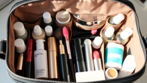 Organized cosmetic bag interior showing multiple compartments with skincare bottles, makeup brushes, lipsticks arranged neatly, natural lighting, close-up view, professional beauty storage
