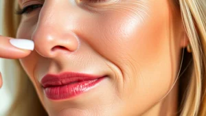 Close-up of radiant, glowing mature woman's face showing smooth skin texture and luminosity, professional skincare product application, morning light