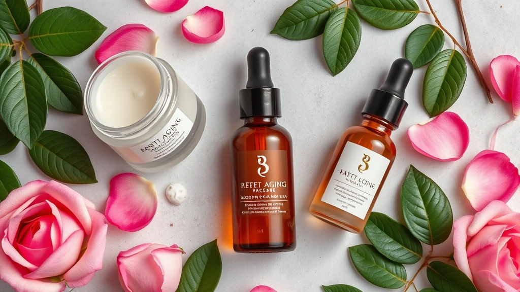 Overhead flat lay of luxury anti-aging cream jar, serum bottles, and moisturizer surrounded by fresh botanicals like rose petals and green leaves