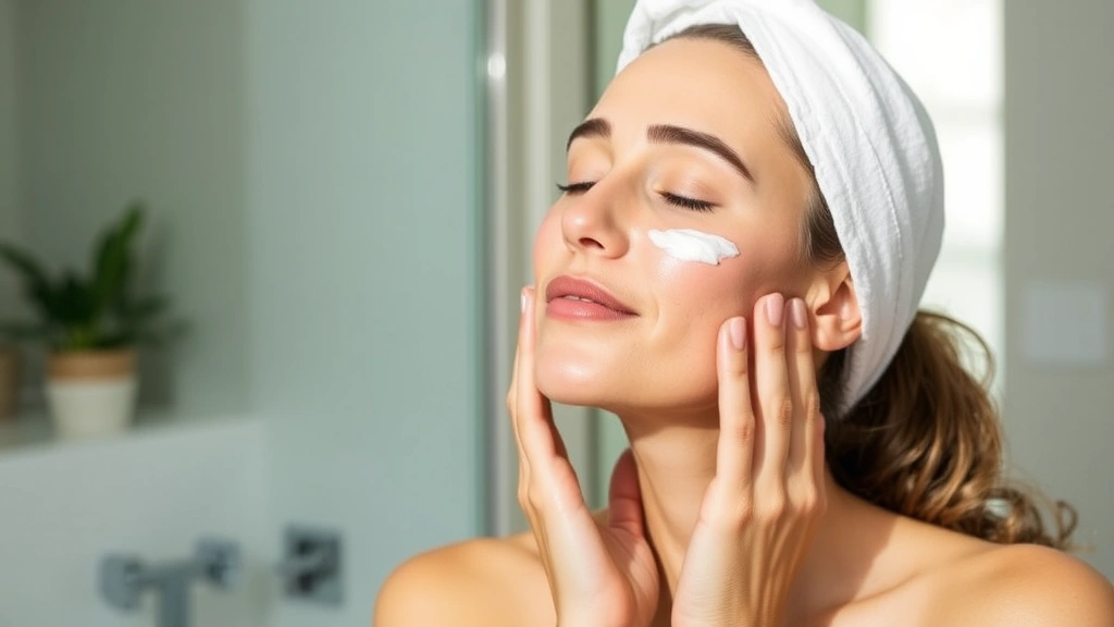 Woman applying anti-aging cream to face with upward massage technique, hands on cheeks, focused skincare routine, natural bathroom lighting