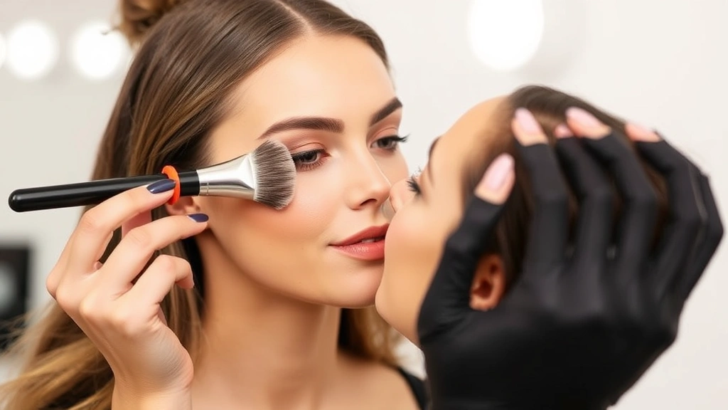 Professional makeup artist applying full-coverage It Cosmetics foundation with brush onto model's cheek, showing seamless blending and natural skin-like finish