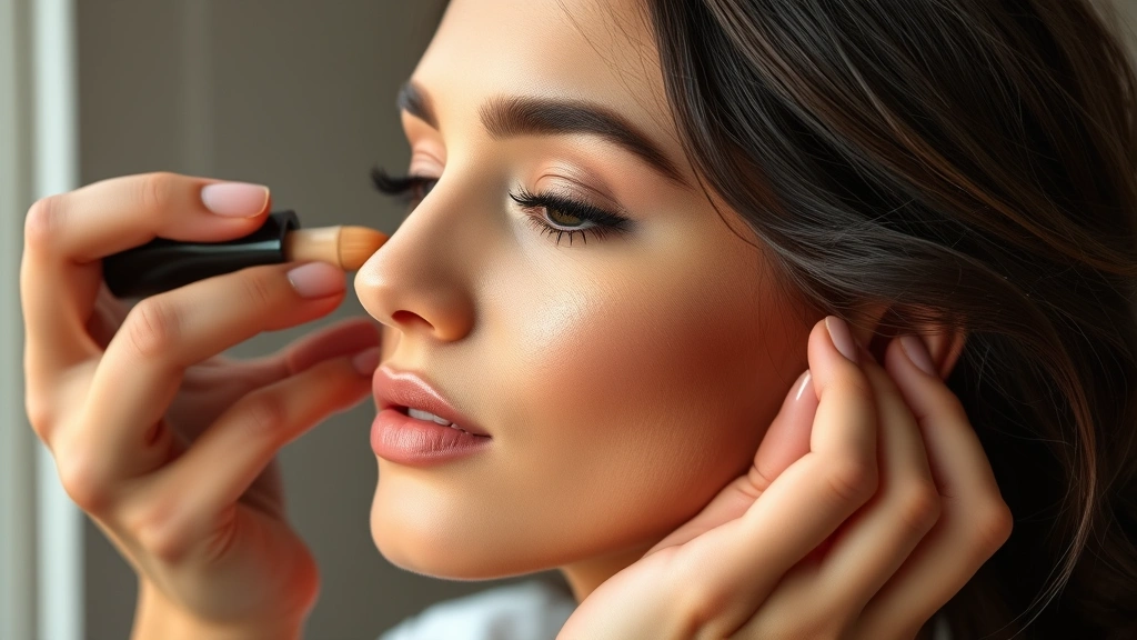 Professional makeup artist applying liquid foundation to model's cheek, showing blendability and dewy finish, natural lighting highlighting skin texture