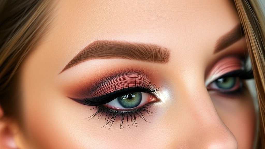 Close-up of model's eye makeup featuring It Cosmetics eyeshadow palette with warm neutral tones, well-blended shadows, and defined brows with mascara application