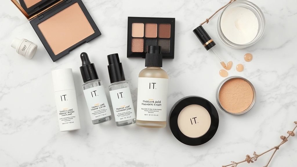 Flat lay of It Cosmetics makeup products arranged on marble surface with fresh hyaluronic acid serum droplets and hydrating skincare ingredients visible nearby