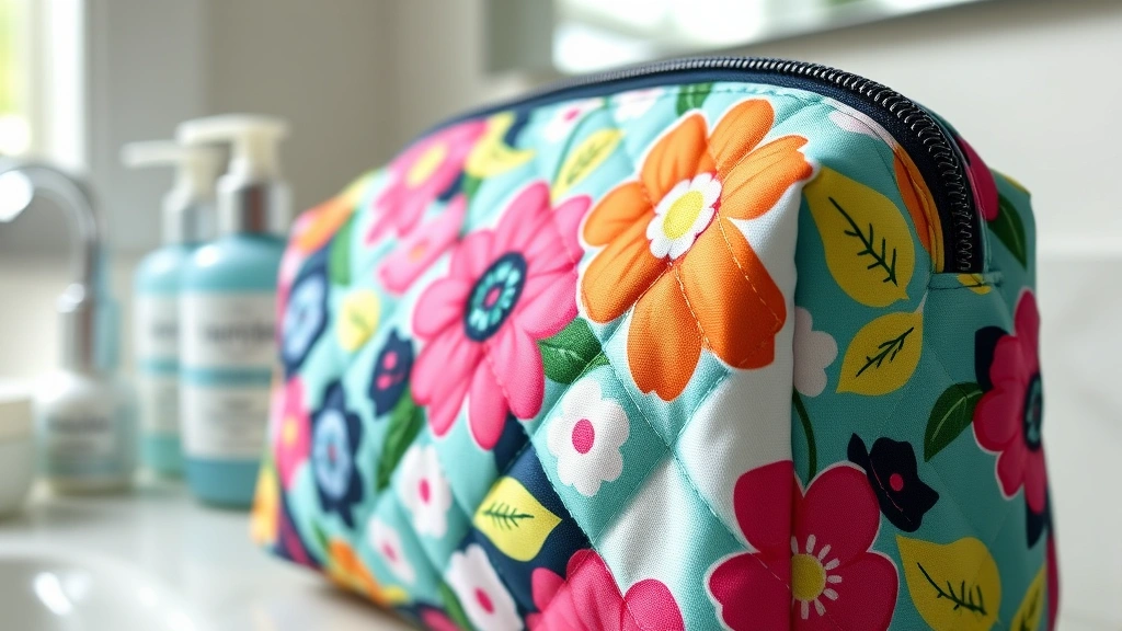 Close-up of quilted cotton Vera Bradley cosmetic bag in vibrant floral pattern, showing texture and stitching detail with soft natural lighting, bathroom counter setting with skincare bottles nearby