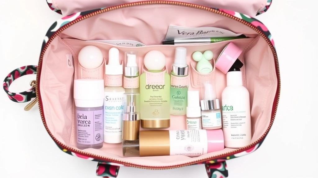 Open Vera Bradley cosmetic bag displaying organized interior with various cosmetic products, serums, and makeup items neatly arranged, showing compartments and storage capacity, neutral background