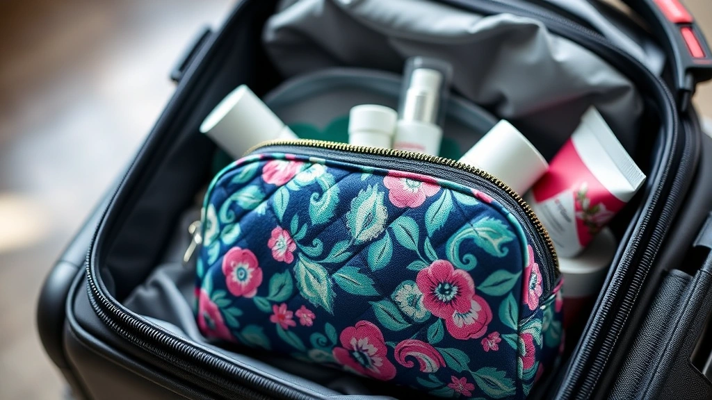 Vera Bradley cosmetic bag in travel context, packed in luggage with skincare essentials visible, showing protective quilted material and compact design, travel accessories nearby, professional lighting