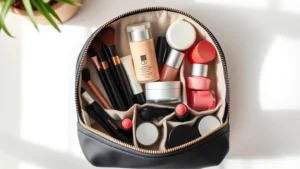 Overhead flat lay of an organized cosmetic pouch interior showing makeup brushes, foundation bottles, lipstick tubes, and skincare jars neatly compartmentalized with dividers, soft natural lighting highlighting product arrangement