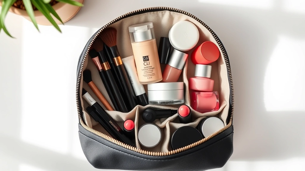 Overhead flat lay of an organized cosmetic pouch interior showing makeup brushes, foundation bottles, lipstick tubes, and skincare jars neatly compartmentalized with dividers, soft natural lighting highlighting product arrangement