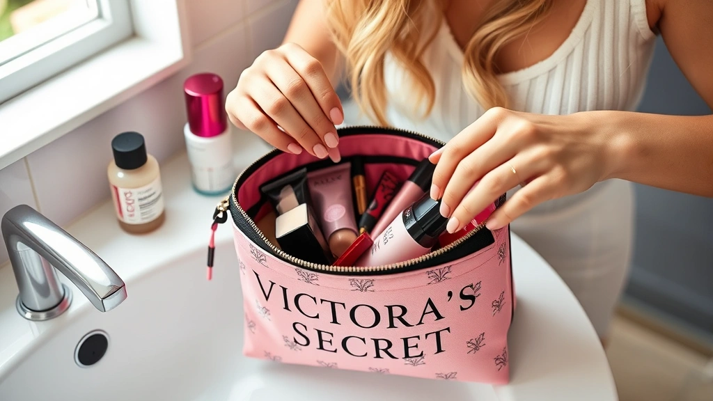Beauty enthusiast organizing cosmetics into Victoria's Secret branded pouch, showing various makeup products being arranged, natural bathroom lighting, lifestyle beauty photography