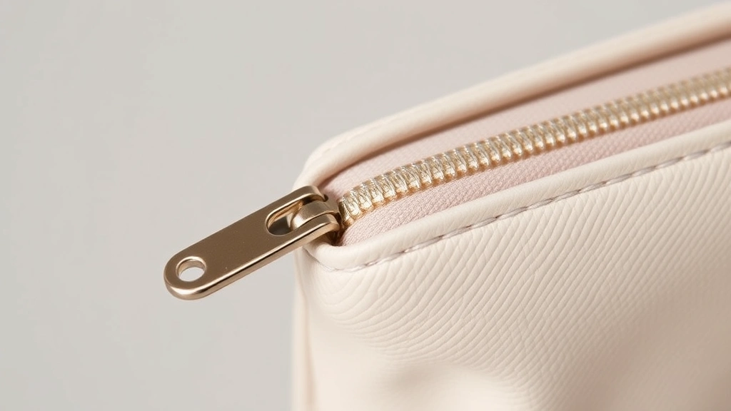 Close-up detail shot of a cosmetic pouch's zipper mechanism and reinforced stitching, showing quality construction with smooth metal hardware, professional beauty product photography style with neutral background