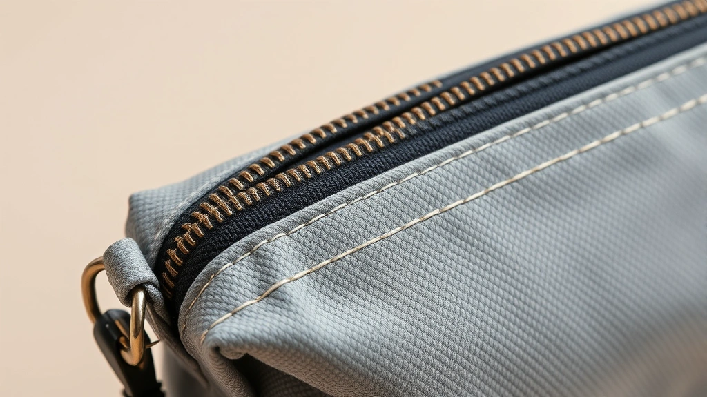 Close-up detail of cosmetic pouch showing durable stitching, quality metal hardware, and water-resistant fabric texture, professional macro product photography on neutral background