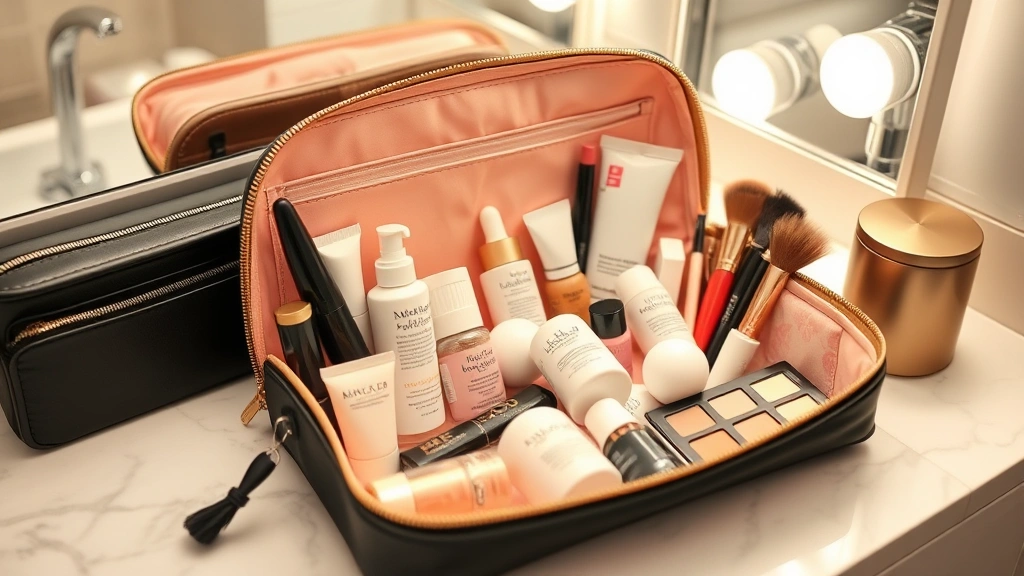 Beauty vanity scene with an open cosmetic pouch displaying organized makeup and skincare products including serums, moisturizers, eyeshadow palettes, and brushes, bathroom setting with soft diffused lighting emphasizing storage efficiency
