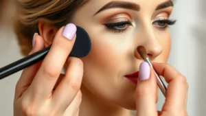 Close-up of bride's face with professional wedding makeup application, showing primer, foundation blending with beauty sponge, and concealer being applied by makeup artist's hands with brushes visible