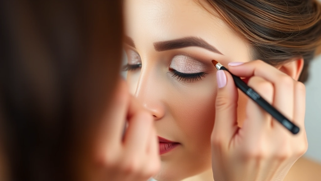 Bridal makeup artist applying shimmery eyeshadow and waterproof eyeliner to bride's eye with precision makeup brush, showing detailed eye makeup technique and product application
