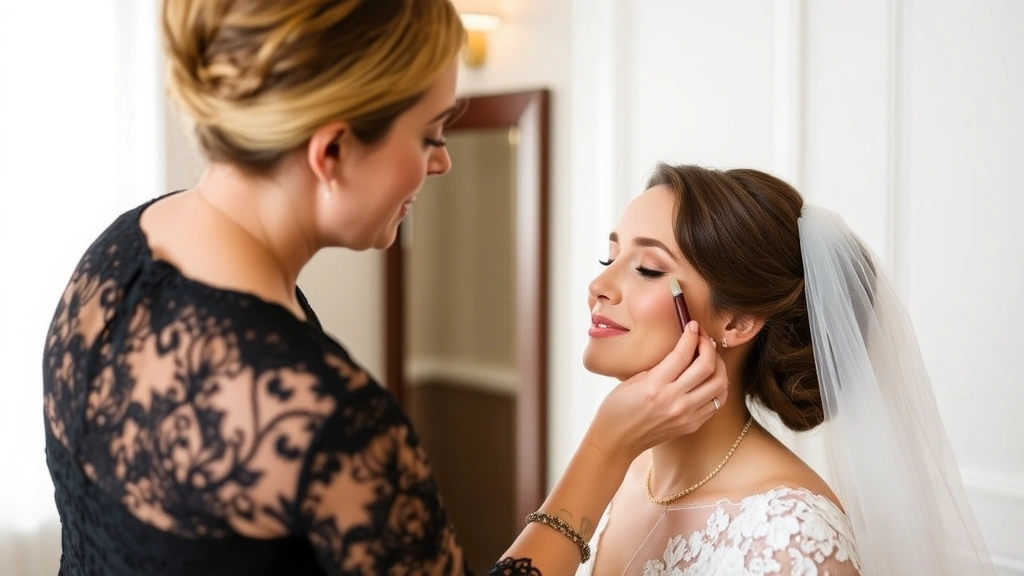 Bride in wedding dress having final makeup touch-up applied by professional makeup artist, showing blush and highlighter application for photogenic bridal look