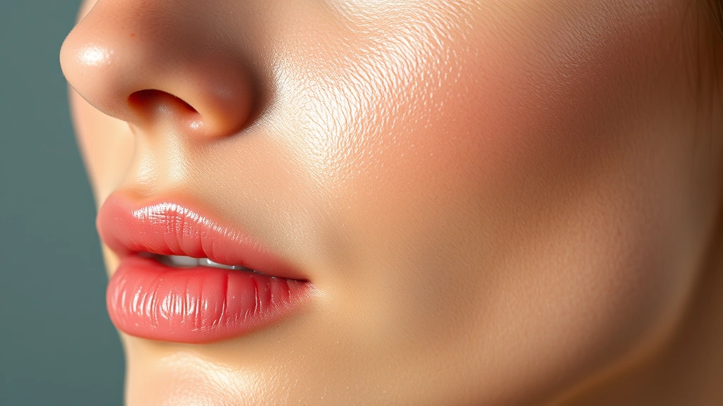 Close-up of dewy, glowing skin with light reflecting off hydrated complexion, woman's face showing smooth texture and radiant finish, soft natural lighting, no text or product labels visible