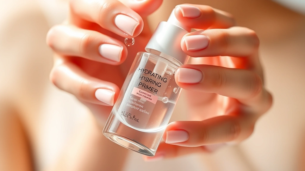 Hands holding transparent hydrating primer serum, showing gel-like consistency with light refracting through the product, fingers gently touching droplets, professional cosmetic photography style