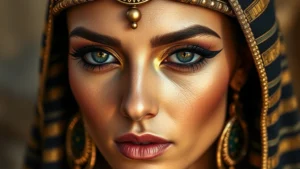 Ancient Egyptian woman with dramatic kohl-lined eyes and golden makeup, professional beauty photography, natural lighting, close-up of face showing intricate eye makeup application, realistic skin texture, professional makeup artistry