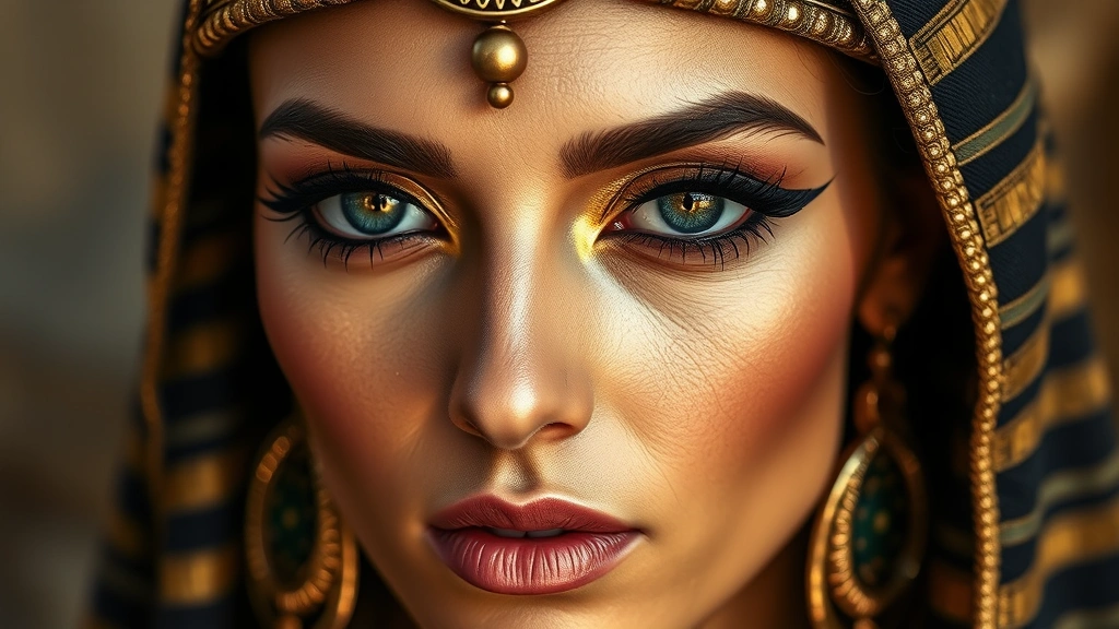 Ancient Egyptian woman with dramatic kohl-lined eyes and golden makeup, professional beauty photography, natural lighting, close-up of face showing intricate eye makeup application, realistic skin texture, professional makeup artistry