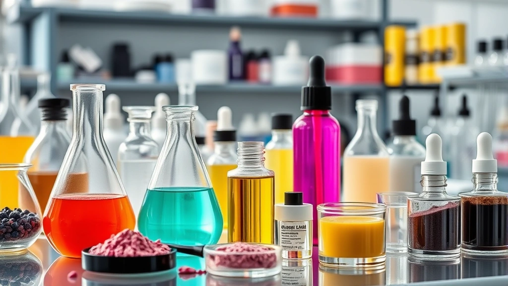 Modern beauty laboratory with cosmetic formulations, scientific beakers and containers with colorful pigments and serums, professional makeup ingredients and chemistry equipment, close-up of cosmetic product textures, realistic laboratory setting, professional photography
