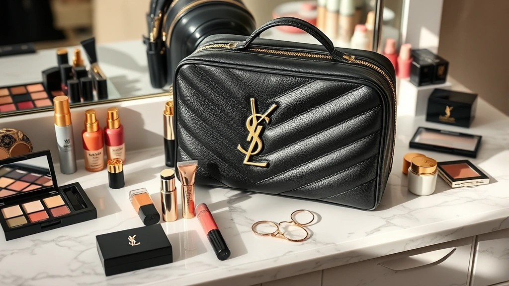 Luxury YSL cosmetic bag in black leather with gold hardware on marble vanity surface, surrounded by premium makeup products and beauty accessories, professional photography with soft natural lighting